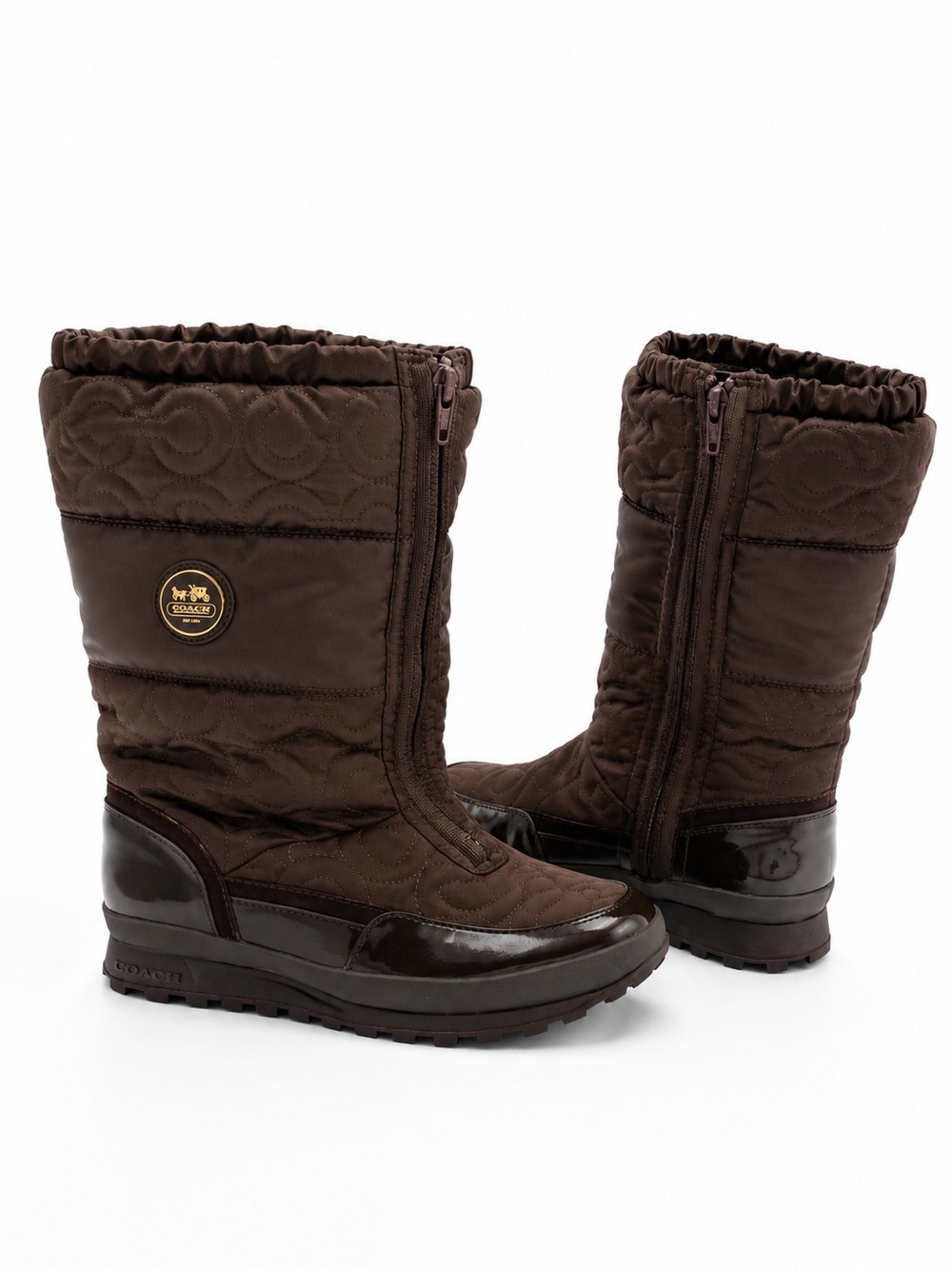 Coach Brown Quilted Mid-Calf Winter Boots with Patent Trim